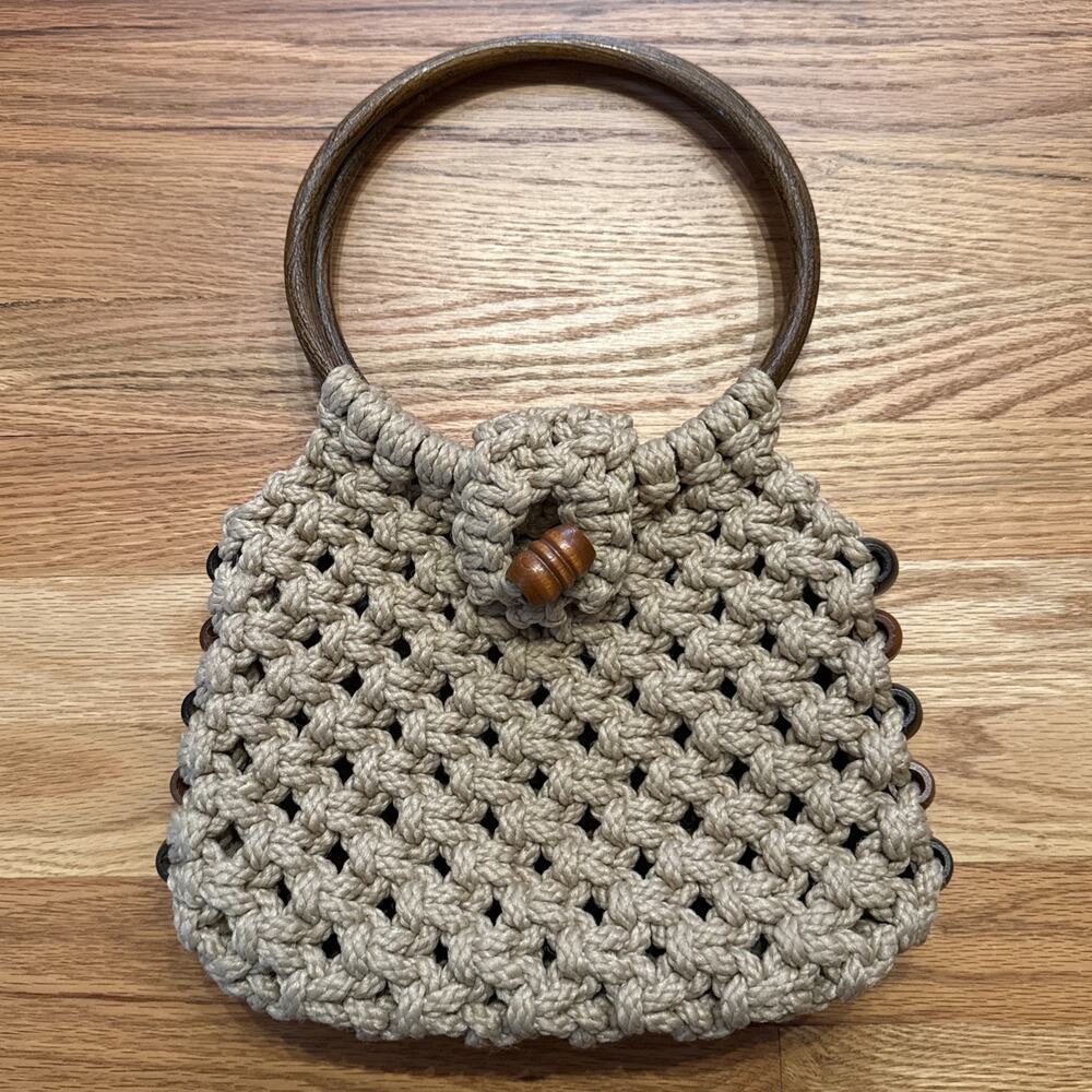 Vintage 70’s Crochet Macrame Purse Hand Bag Beaded Wooden Handles GrannyCore